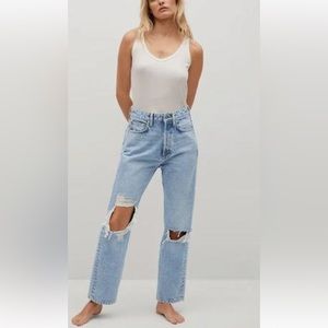 MNG (MANGO) 4 Selena Blue Edition distressed straight leg jeans